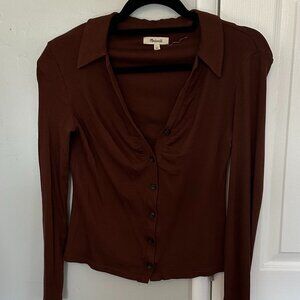 Madewell Long Sleeve Chocolate Brown Cinched Polo Shirt Womens Size M
